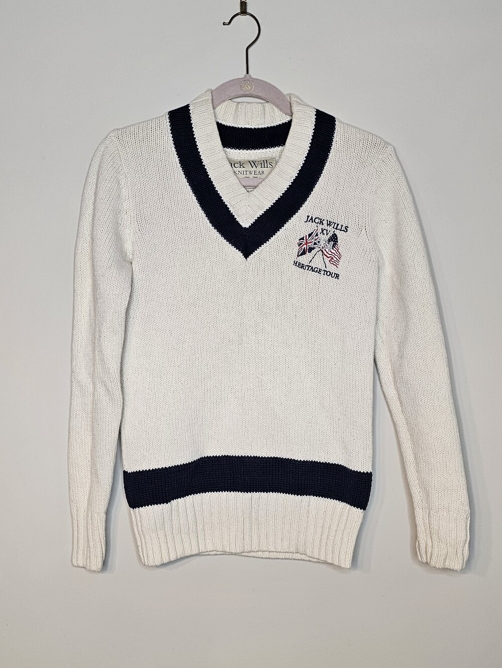 Jack Wills Knitwear V Neck Sweater Merino Wool Cotton Blend Size XS Cream Blue